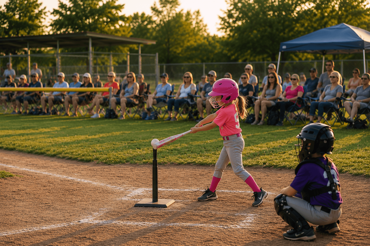 A young t-ball player swinging at bat with families watching from the sideline