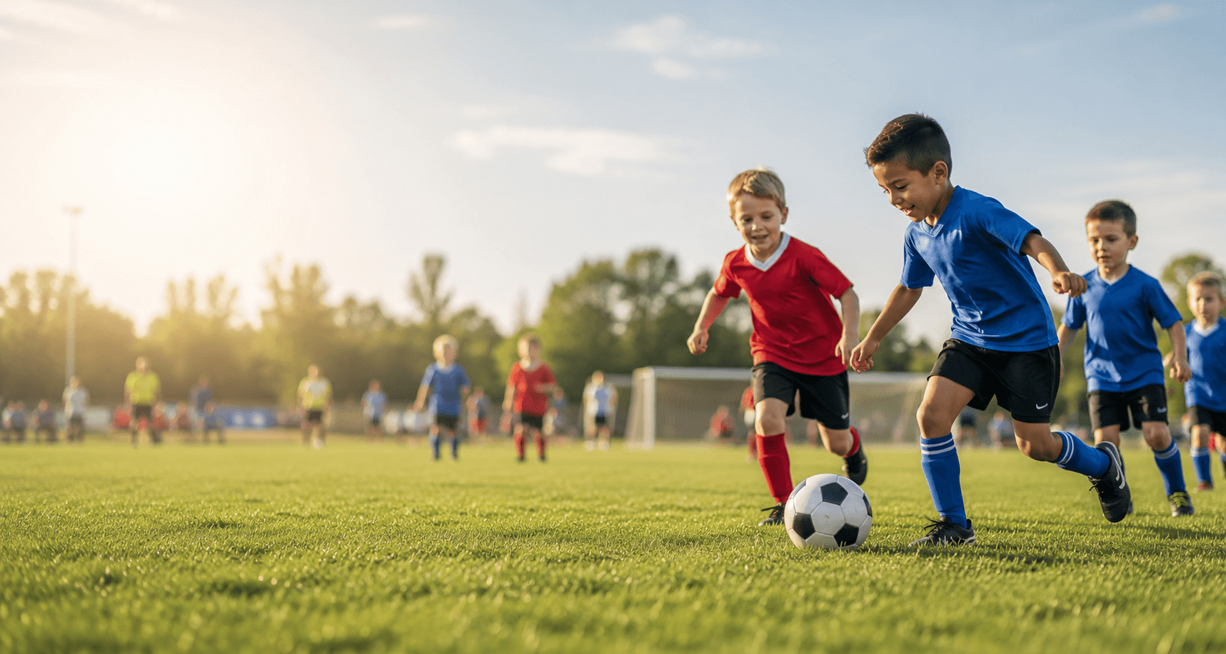 Young athletes playing a soccer match on a sunny field